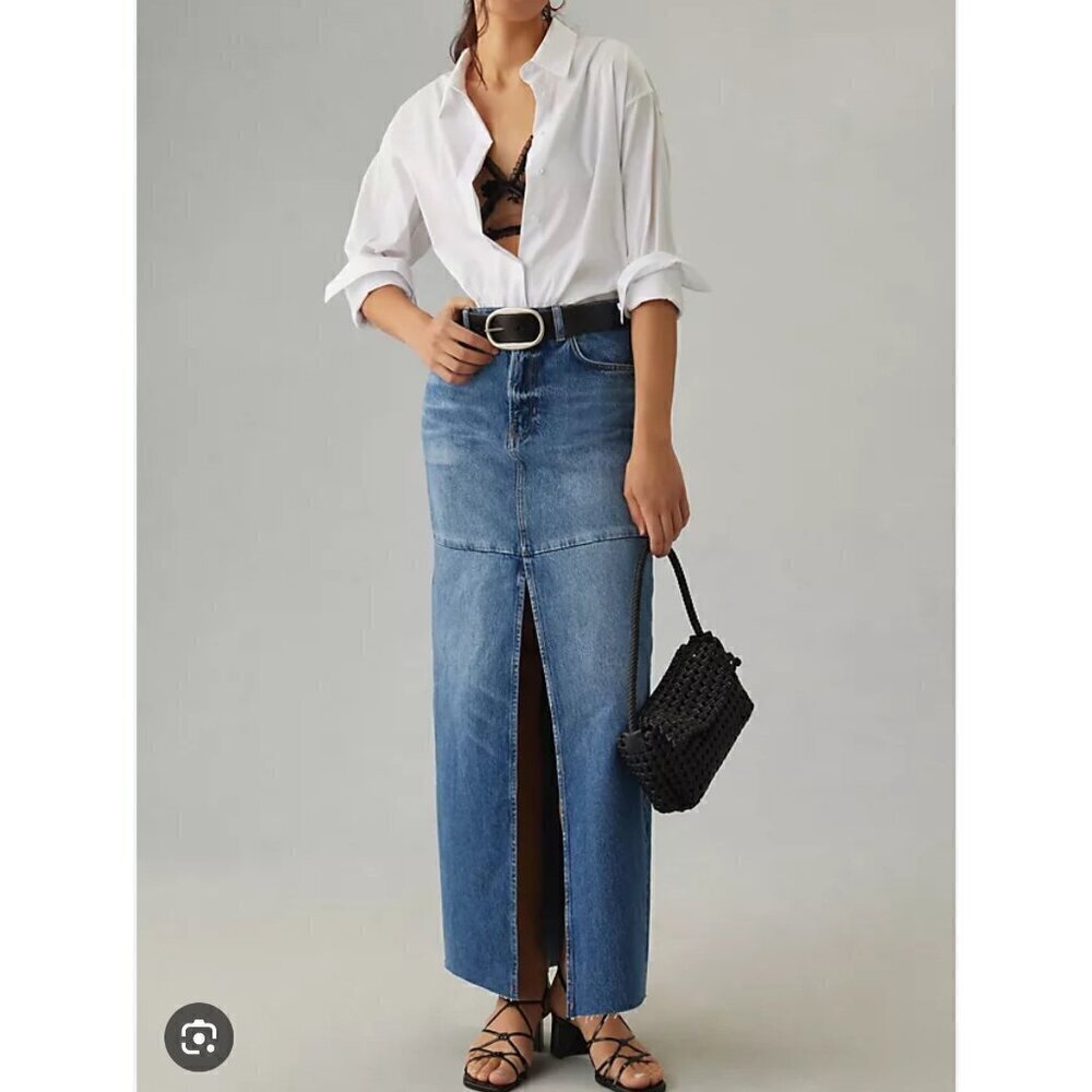 Reformation Tazz denim slit front maxi skirt, blue, Size 26 M65